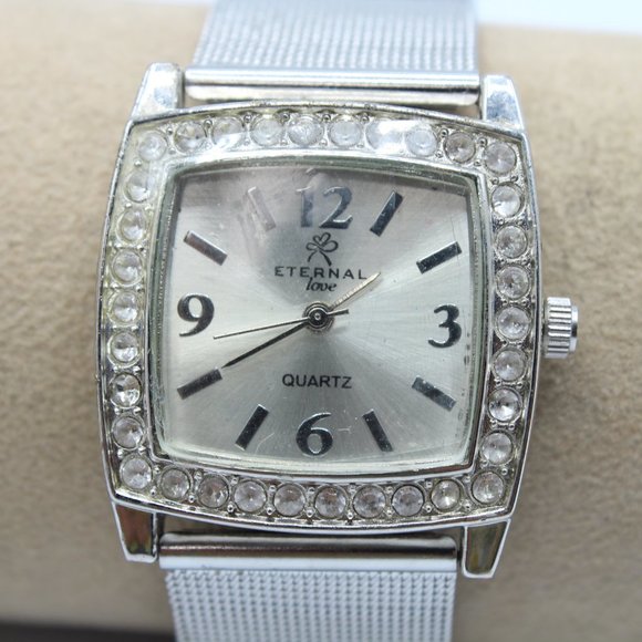 Eternal Love Women's Silver tone square watch, diamanté edge, metal strap - Picture 2 of 6